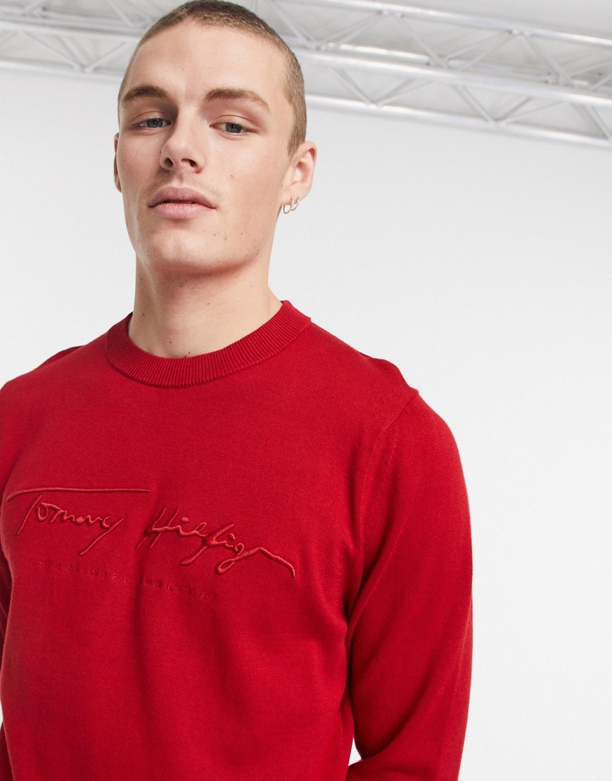 Tommy Hilfiger tonal autograph logo embroidery knit sweater in arizona red