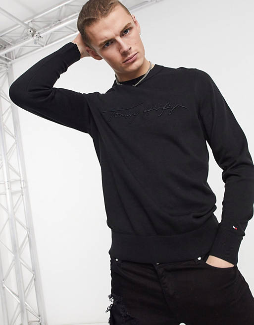 Fashion Sweaters Knitted Sweaters Tommy Hilfiger Knitted Sweater black embroidered lettering casual look 