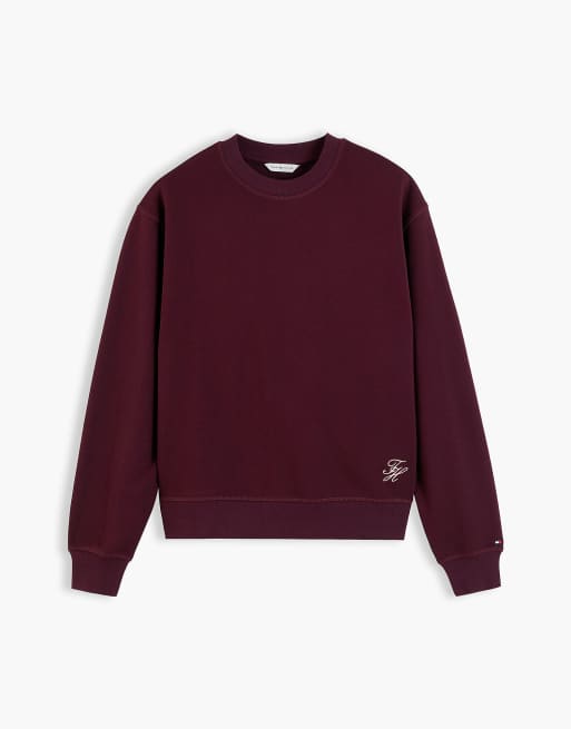 Tommy Hilfiger Tonal logo crew neck sweatshirt in wine red, 5 of 6