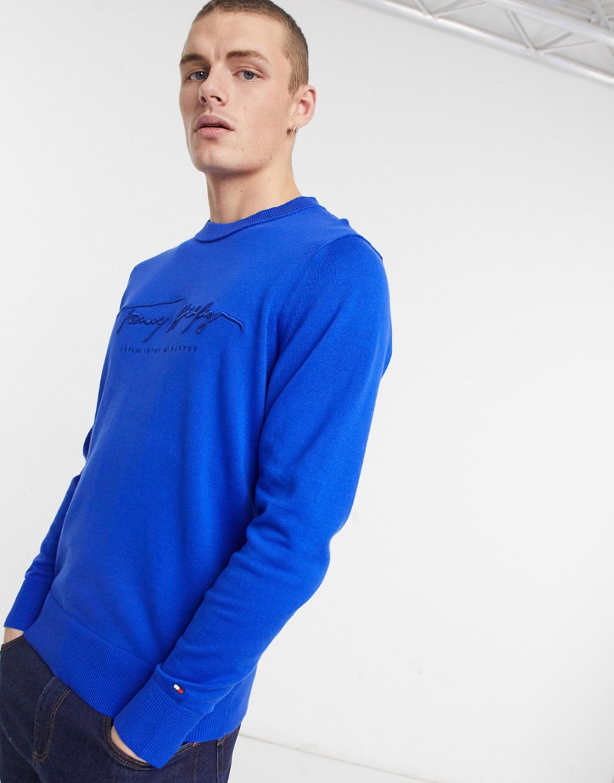 Tommy Hilfiger tonal script logo embroidery knit sweater in cobalt-Blues