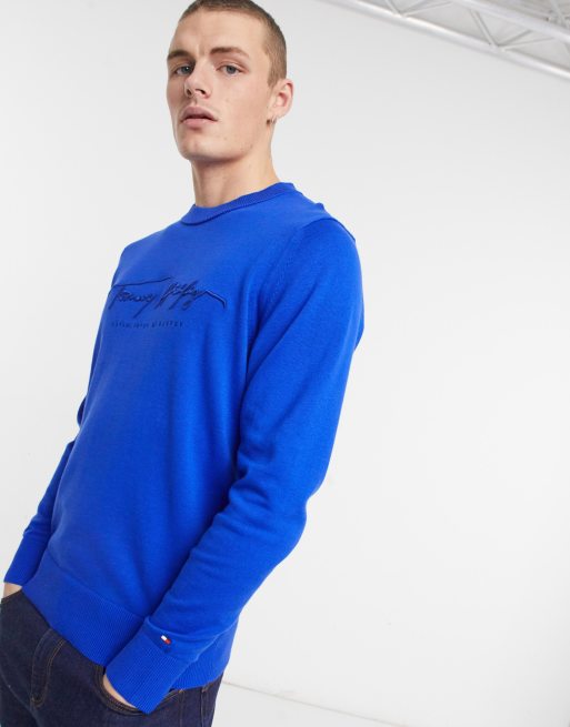 Tommy Hilfiger tonal script logo embroidery knit sweater in cobalt