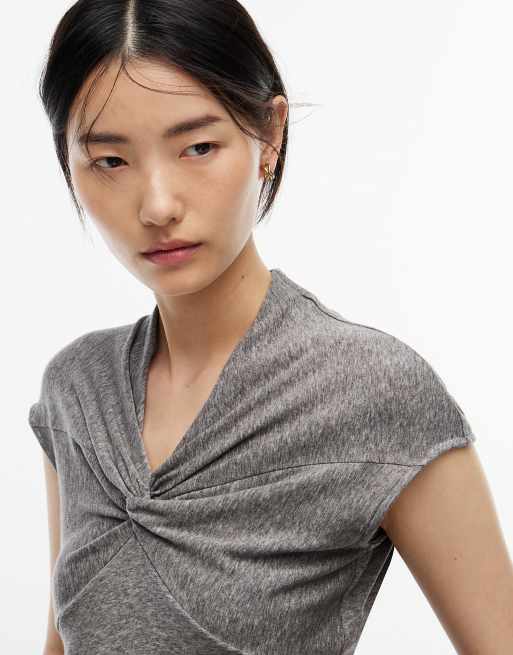 Tommy Hilfiger top à col V avec nœud sur le devant et manches courtes en gris foncé, 3 de 6
