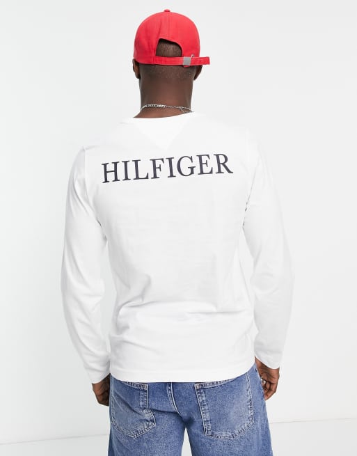Tommy Hilfiger - Top a maniche lunghe bianco con logo della bandiera ad arco sulla schiena