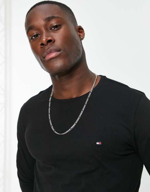 Tommy Hilfiger - Top stretch slim à logo emblématique et manches longues en coton - Noir - BLACK