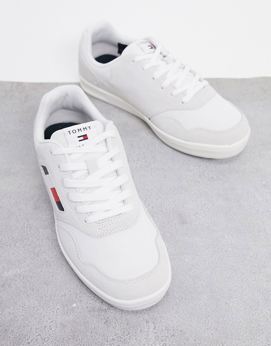 Tommy Hilfiger trainer in cream suede mix with flag logo-White