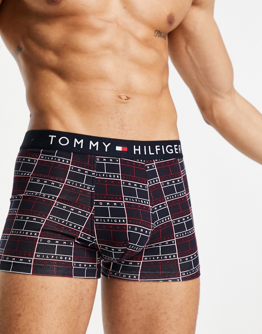 Tommy Hilfiger trunk with all over logo print and flag logo waistband in navy