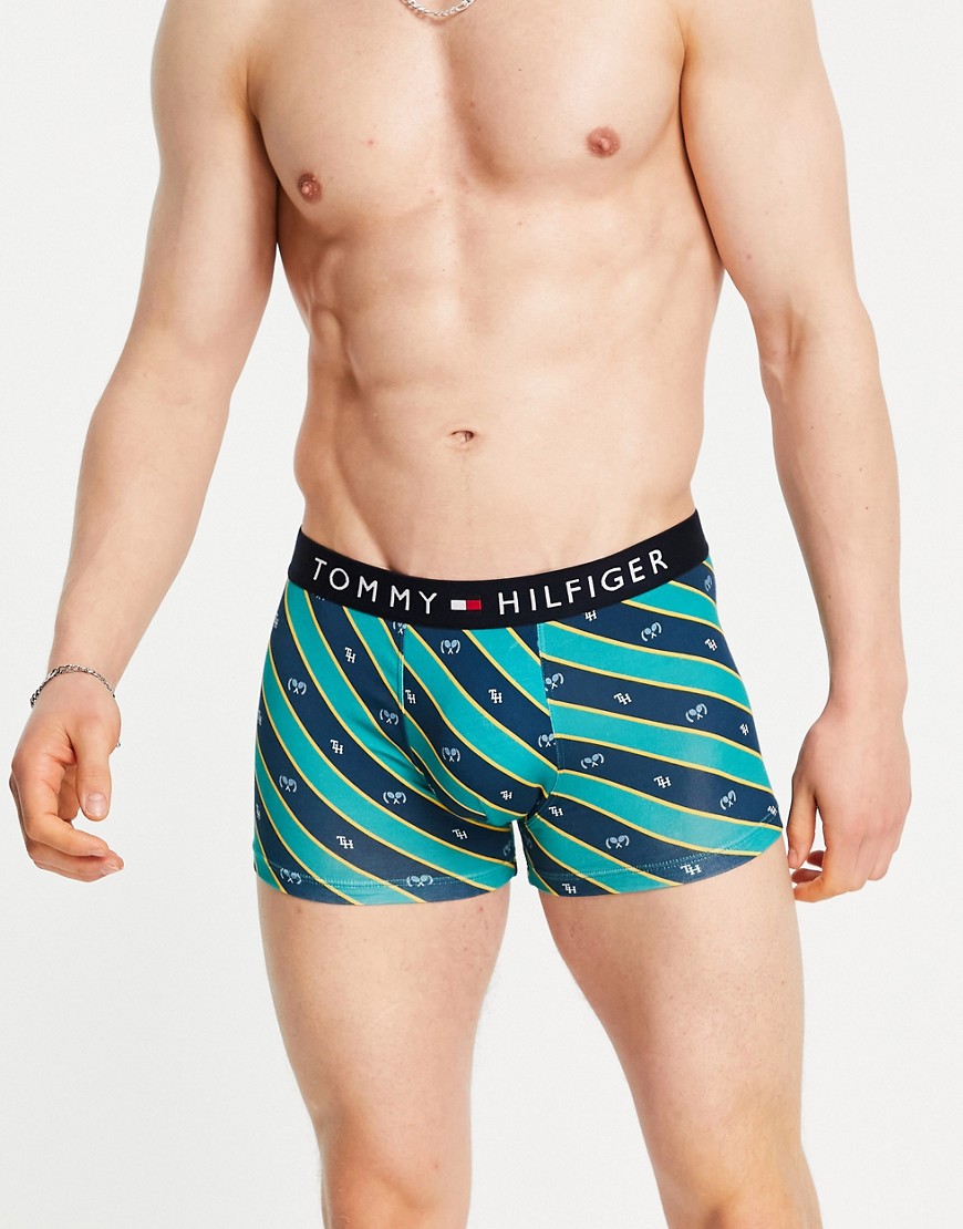 Tommy Hilfiger trunks with flag logo waistband in green stripes-Navy