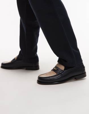 Tommy Hilfiger two tone leather penny loafers in navy & cream