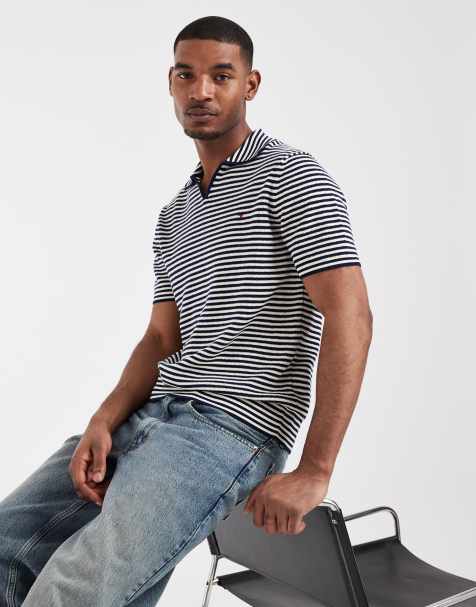 Tommy Hilfiger v-neck collared sweater top in white stripes - view 1
