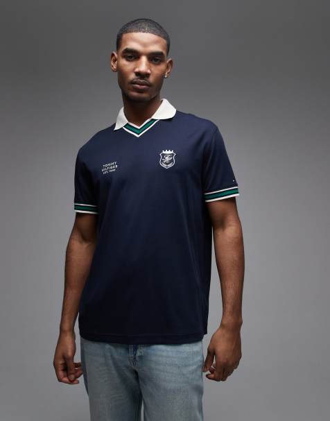Tommy Hilfiger v neck pique relaxed fit polo shirt in navy