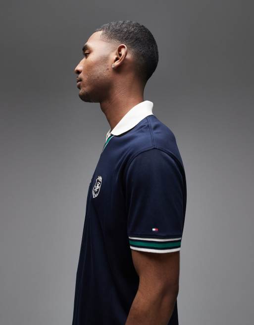 Tommy Hilfiger v neck pique relaxed fit polo shirt in navy, 4 of 5
