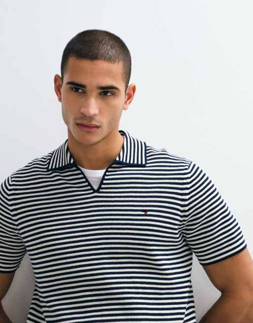 Tommy Hilfiger v-neck stripe collared sweater top in white, 4 of 9