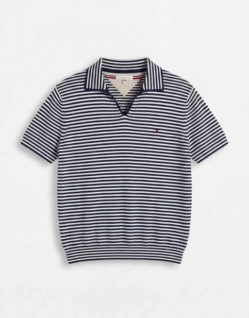 Tommy Hilfiger v-neck stripe collared sweater top in white, 6 of 9
