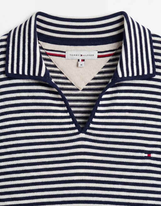 Tommy Hilfiger v-neck stripe collared sweater top in white, 9 of 9