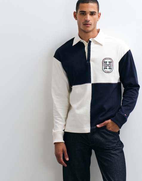 Tommy Hilfiger varsity logo checkerboard rugby shirt in cream - view 1