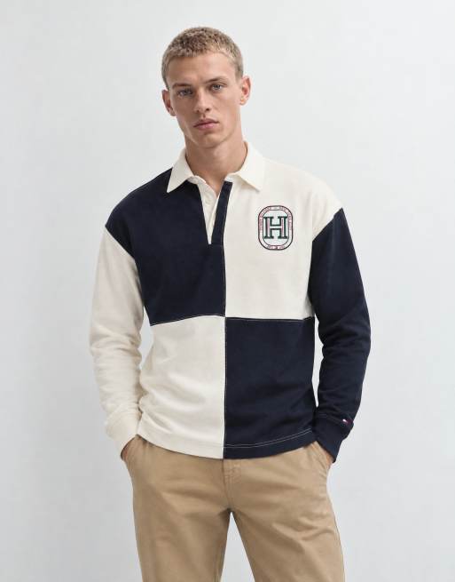Tommy Hilfiger varsity logo checkerboard rugby shirt in cream, 8 of 9