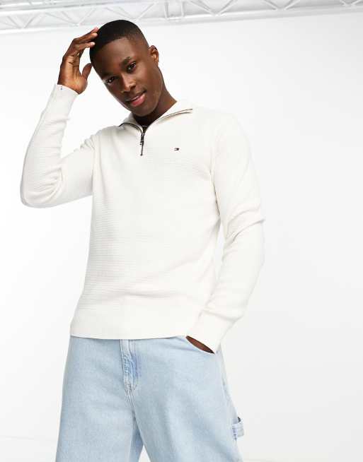 Tommy Hilfiger - Verweven trui met opstaande boord en 1/4 rits in beige