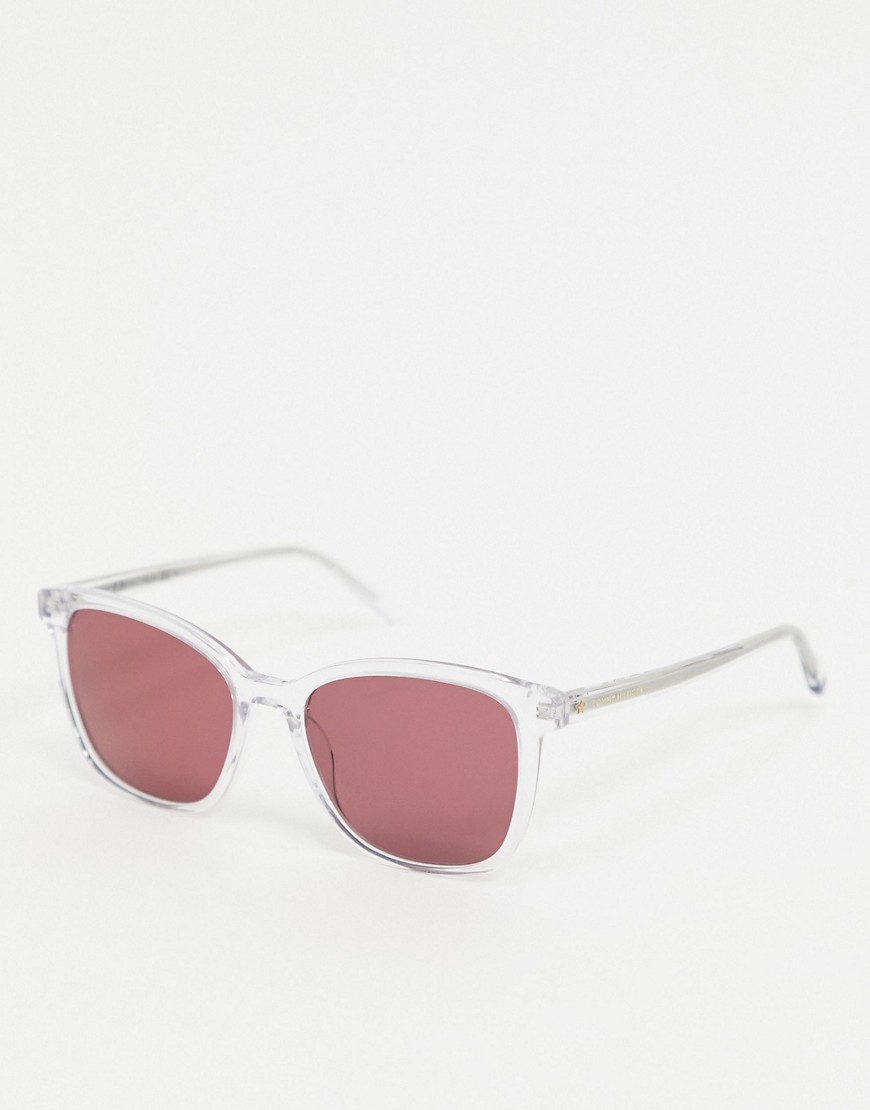 Tommy Hilfiger - Vierkante zonnebril met doorzichtig montuur en roze glazen-Doorschijnend