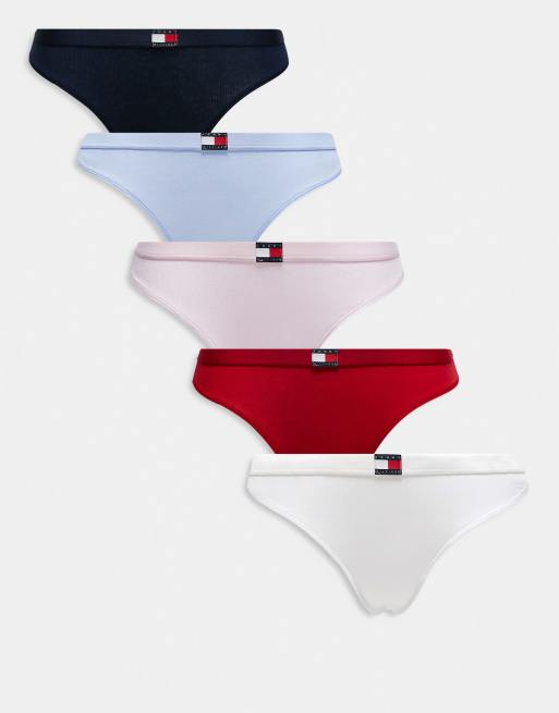Tommy Hilfiger – Vita/röda/rosa/blå/marinblå stringtrosor med flagglogga, 5-pack