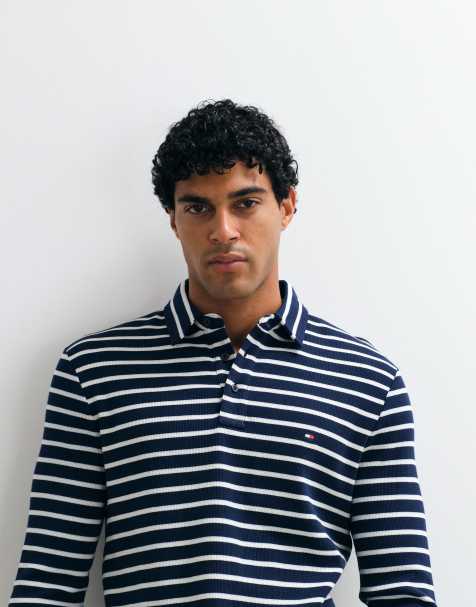 Tommy Hilfiger waffle long sleeve polo shirt in navy stripe - view 1