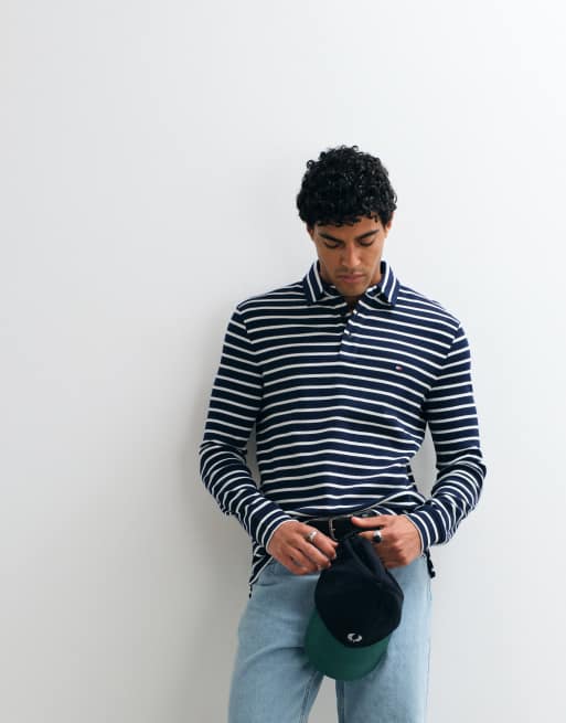 Tommy Hilfiger waffle long sleeve polo shirt in navy stripe, 3 of 5