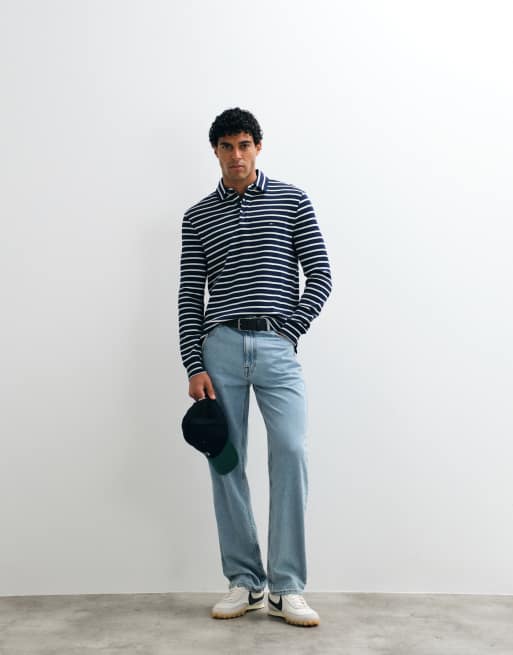 Tommy Hilfiger waffle long sleeve polo shirt in navy stripe, 4 of 5