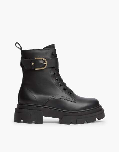 Tommy Hilfiger wasserfeste Leder-Stiefel mit grober Schnürung in Schwarz - view 1