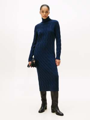 Tommy Hilfiger - Weiches Midi-Pulloverkleid aus Wolle in Dunkelblau mit Zopfmuster