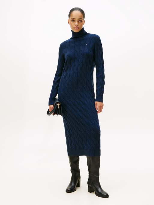 Tommy Hilfiger – Weiches Midi-Pulloverkleid aus Wolle in Dunkelblau mit Zopfmuster