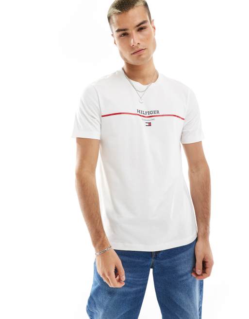 Tommy Hilfiger – Weißes T-Shirt mit Streifen und Logo