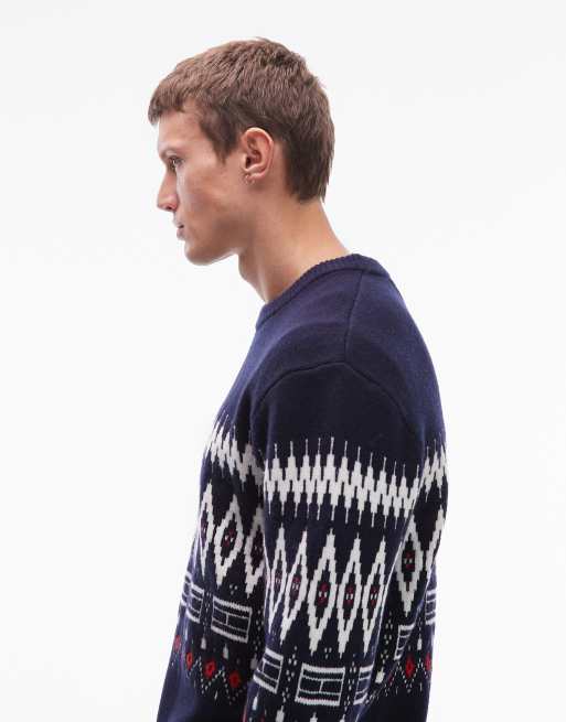 Tommy Hilfiger – Wollpullover in Marineblau und Weiß mit Norwegermuster, 4 von 5