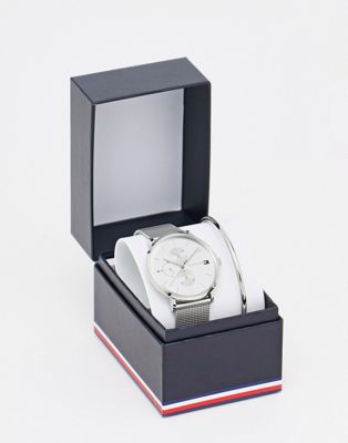 Tommy Hilfiger womens mesh bracelet watch and bangle gift set in silver