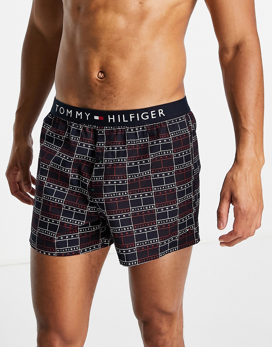 Tommy Hilfiger woven boxer with all over logo and flag logo waistband in navy