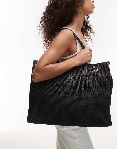 Tommy Hilfiger woven straw large tote bag in black - view 1