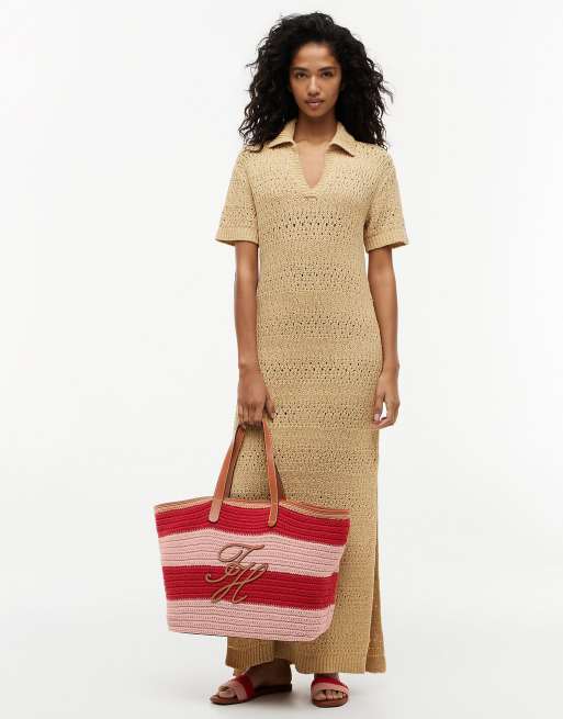 Tommy Hilfiger Woven stripe logo appliqué tote bag in multi pink, 2 of 5