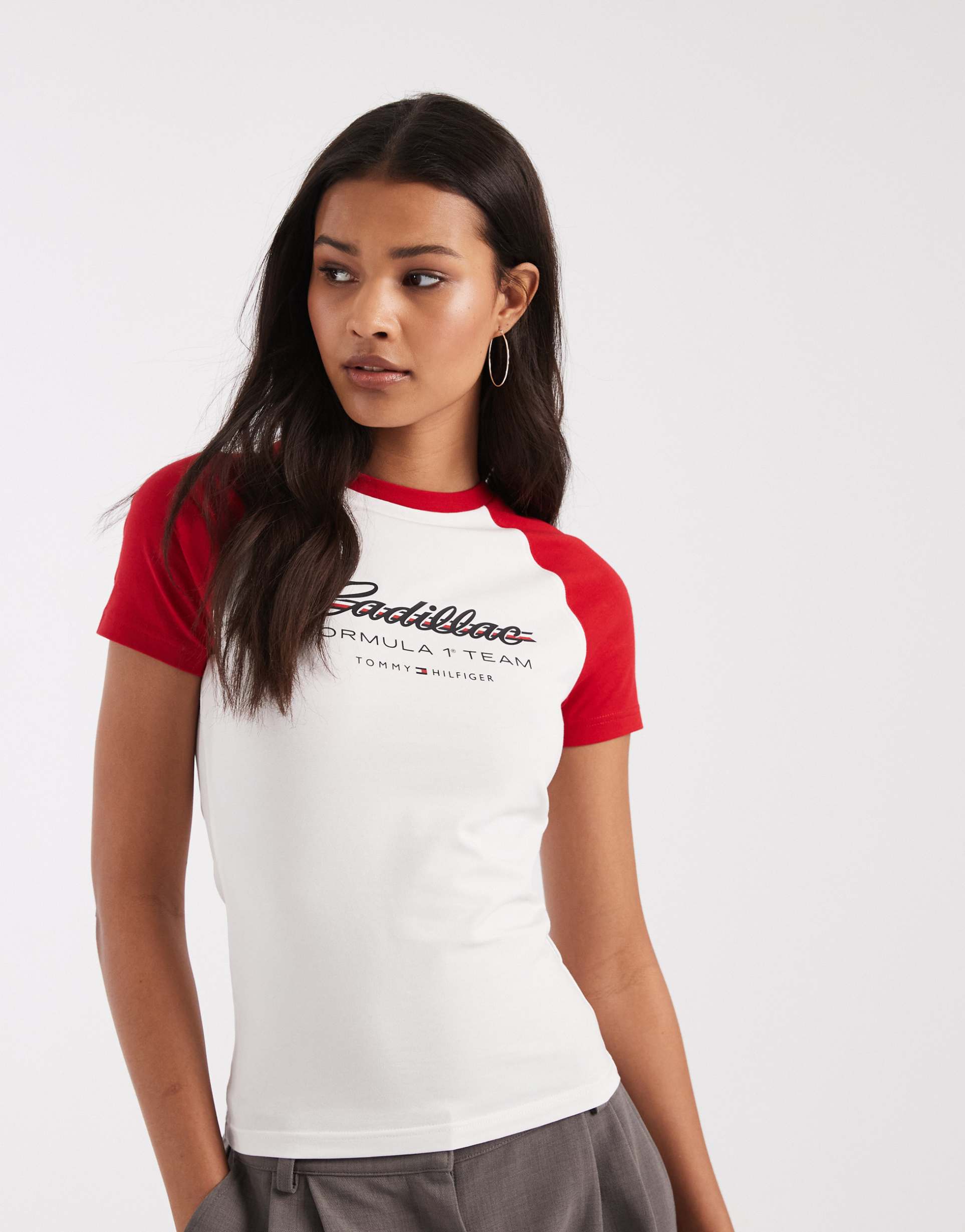 tommy hilfiger x cadillac f1 baby ringer t-shirt in white & red