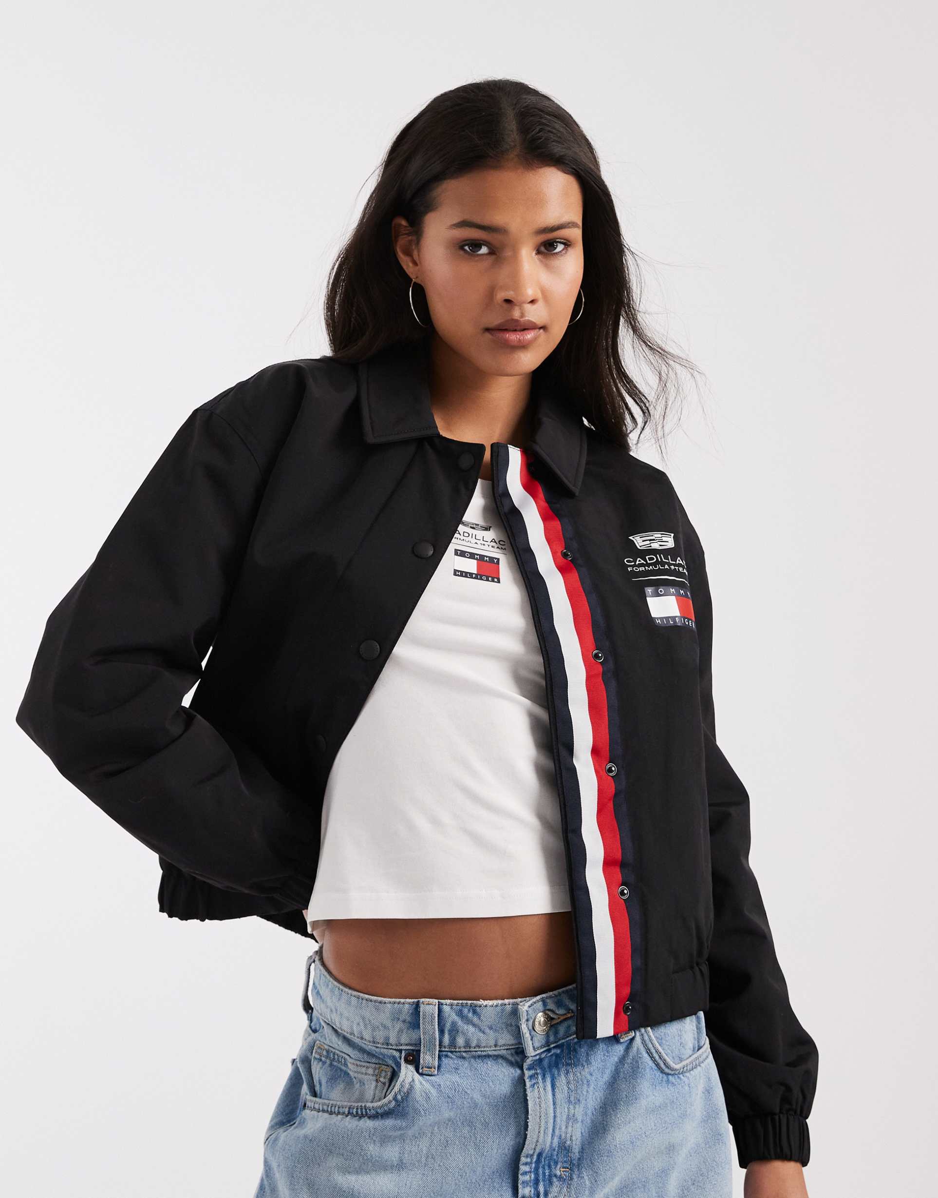tommy hilfiger x cadillac f1 logo cropped jacket in black