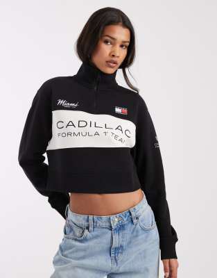Tommy Hilfiger x Cadillac - F1 Miami - Sweatshirt in Schwarz und Weiß mit kurzem Reißverschluss