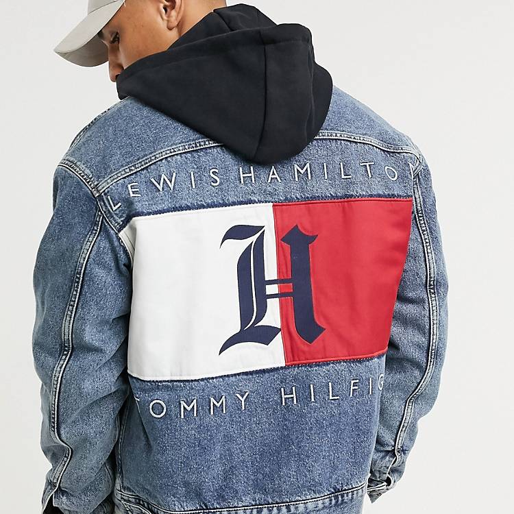 Herstellen erosie bevestig alstublieft Tommy Hilfiger x Lewis Hamilton back logo oversized hooded denim jacket in  washed indigo | ASOS