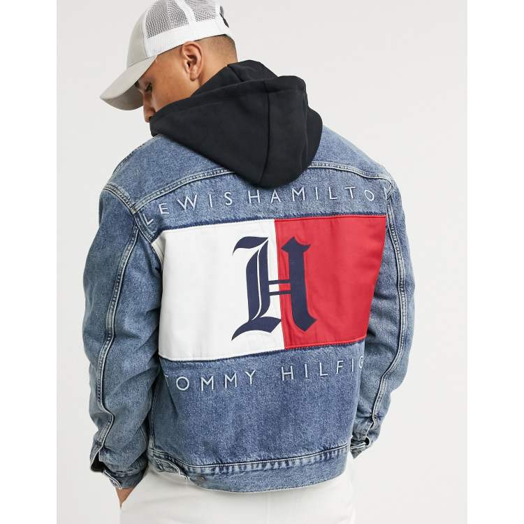 Tommy x Lewis Hamilton back logo hooded jacket in washed indigo | ASOS