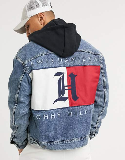 Tommy Hilfiger x Lewis Hamilton back logo oversized hooded denim jacket in washed indigo