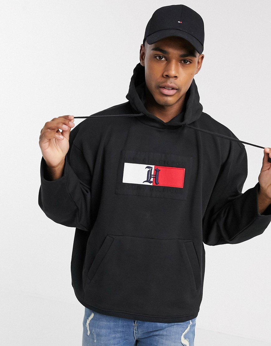Tommy Hilfiger x Lewis Hamilton capsule red box logo hoodie oversized fit in black
