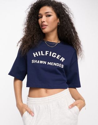 Tommy Hilfiger x Shawn Mendes arch logo graphic cropped short sleeve t-shirt in navy - ASOS Price Checker