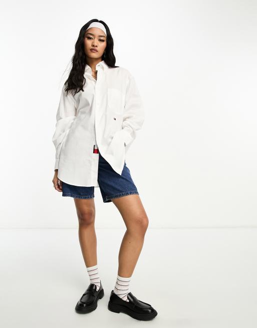 Tommy Hilfiger x flag logo long oxford shirt in white | ASOS