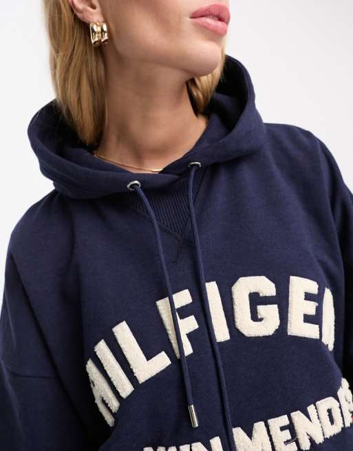 Tommy Hilfiger Crop Hoodie Sweatshirt Women's Size Small Blue V-neck UO