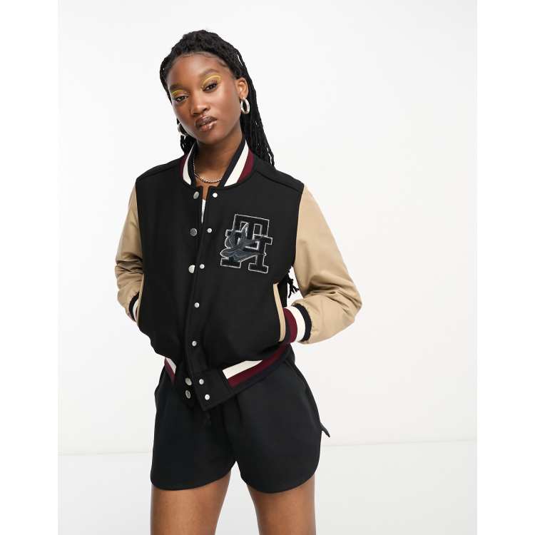 Girls Black Varsity Pocket Logo Bomber Jacket