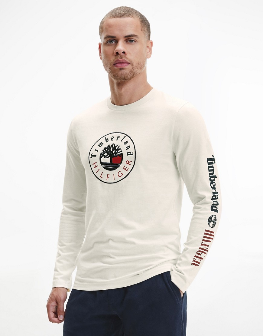 Tommy Hilfiger x Timberland capsule logo front & arm long sleeve top in cream-White