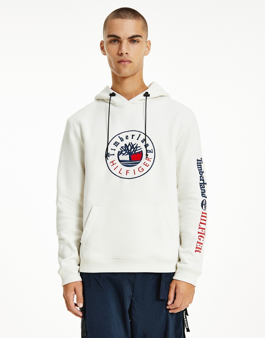 Tommy Hilfiger x Timberland capsule logo front & sleeve hoodie in cream-White