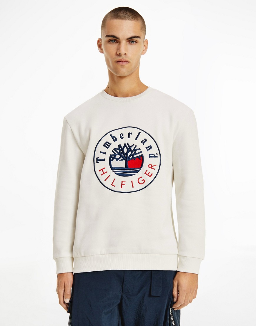 Tommy Hilfiger x Timberland capsule logo front sweatshirt in cream-White