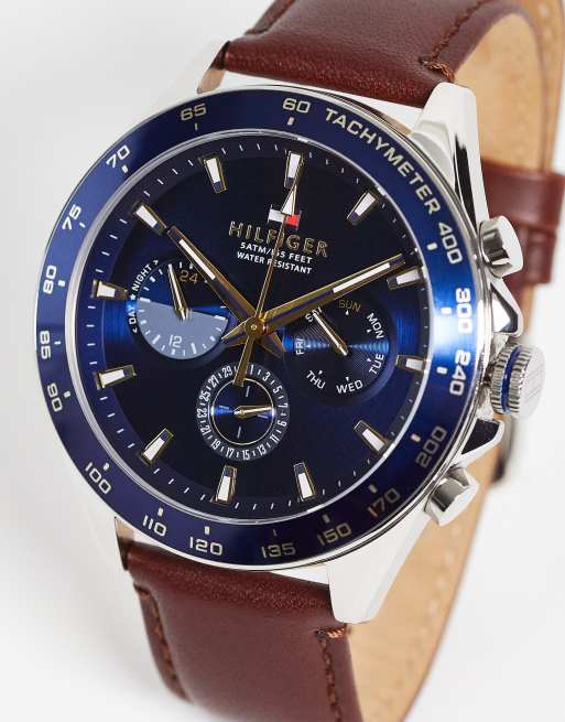 Tommy Hilfiger – Zegarek z chronografem na brązowym skórzanym pasku 
